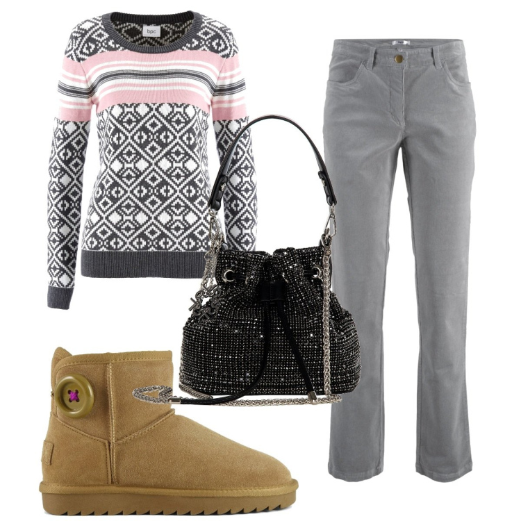 Outfit donna - Total look #1803957. Stile Trendy per Tutti i giorni. Abbinamento con pantaloni, maglieria, borse a secchiello, stivali sopra il ginocchio.
