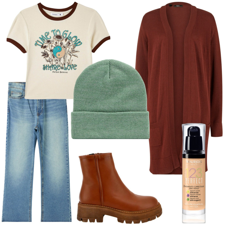 Outfit donna - Total look #1803966. Stile Urban per Tutti i giorni. Abbinamento con cardigans, fondotinta, t-shirt, berretti, jeans, stivaletti.