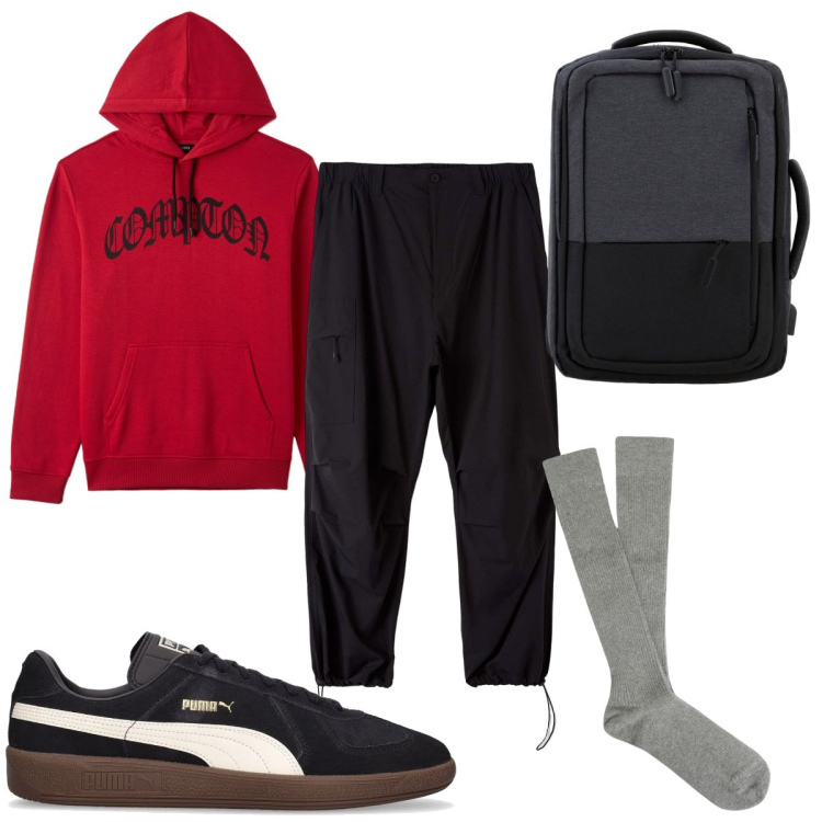 Outfit uomo - Total look #1803989. Stile Casual per Sport. Abbinamento con pantaloni cargo, felpe con cappuccio, borse sportive, sneakers, calzini.