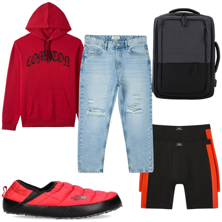 Outfit uomo - Total look #1803991. Stile Casual per Tutti i giorni. Abbinamento con boxer, jeans strappati, felpe con cappuccio, borse sportive, scarpe stringate.