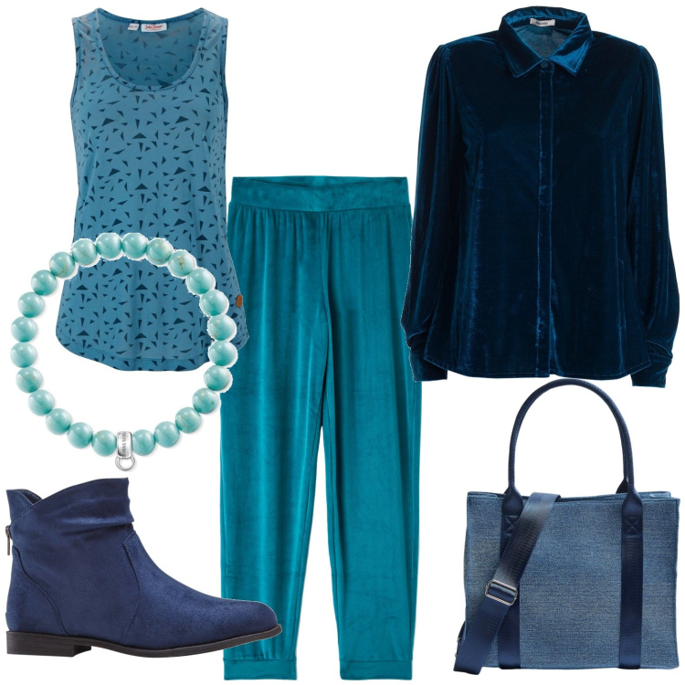Outfit donna - Blu petrolio. Stile Casual per Tutti i giorni. Abbinamento con stivaletti, top, leggings, shopping bag, camicie, braccialetti.