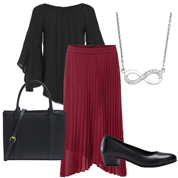 Outfit donna - Classico un po’ etnico. Stile Etnico per Serata fuori. Abbinamento con décolleté, gonne, bluse, shopping bag, ciondoli.
