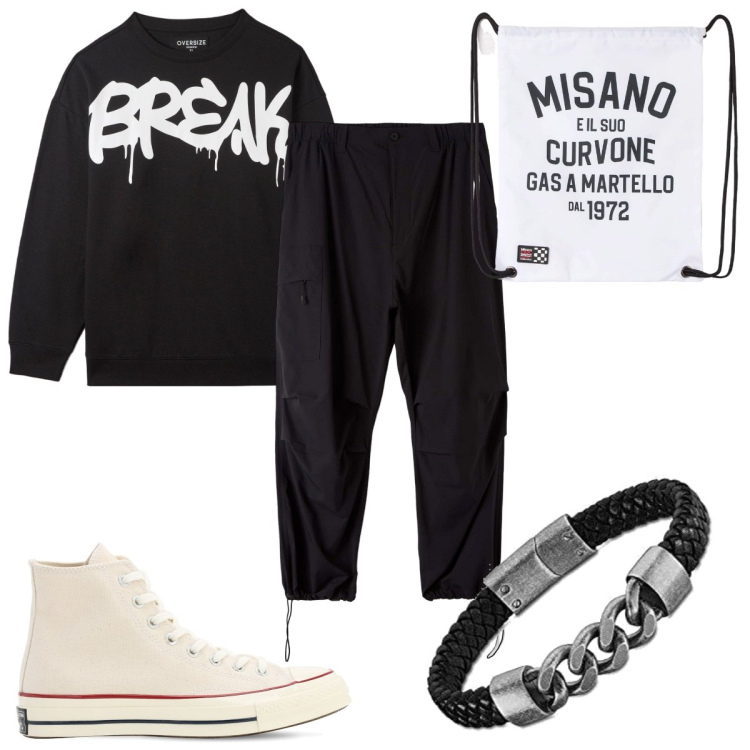 Outfit uomo - Total look #1804023. Stile Urban per Tutti i giorni. Abbinamento con pantaloni cargo, borse sportive, felpe, braccialetti, sneakers.