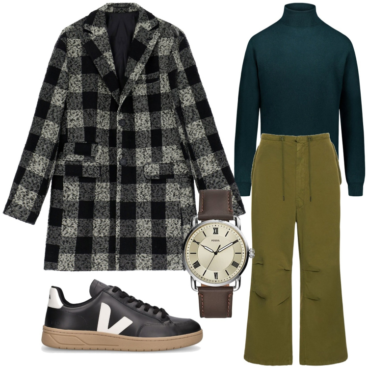 Outfit uomo - Winter time. Stile Urban per Ufficio. Abbinamento con cappotti, maglieria, sneakers, pantaloni, orologi.