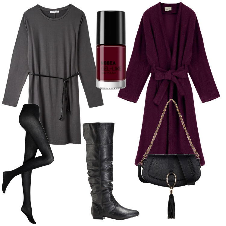 Outfit donna - Così poco??. Stile Trendy per Serata fuori. Abbinamento con stivali sopra il ginocchio, collant, smalti, vestiti midi/longuette, borse a spalla, cappotti.