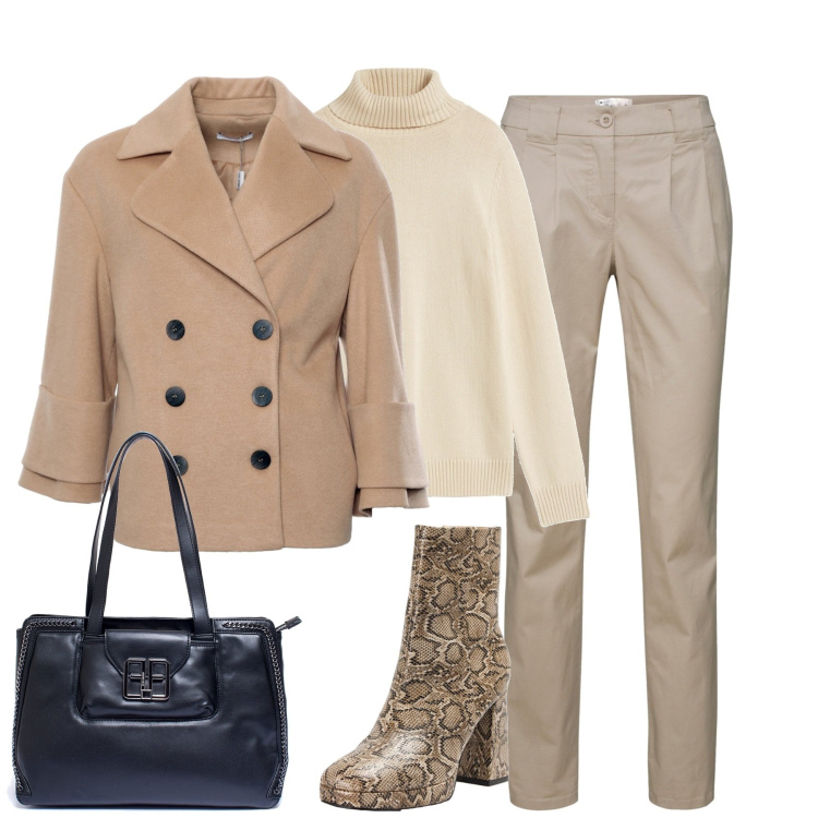 Outfit donna - City. Stile Casual chic per Tutti i giorni. Abbinamento con pantaloni chino, maglieria, stivaletti, cappotti, borse a mano.