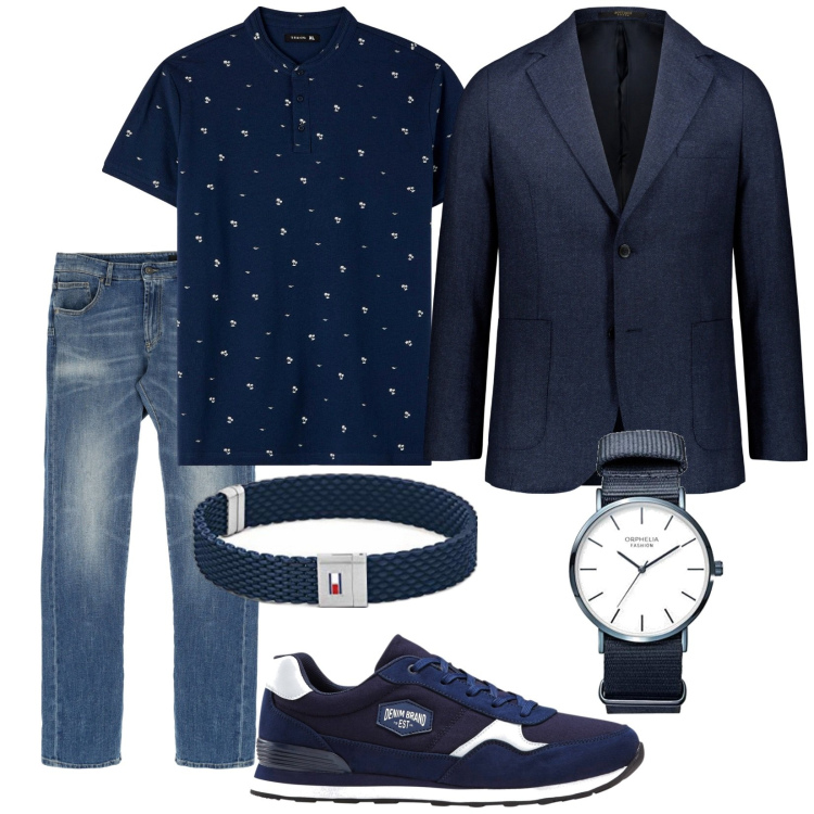 Outfit uomo - Sportivo in giacca. Stile Trendy per Tutti i giorni. Abbinamento con sneakers, t-shirt, jeans dritti, braccialetti, orologi analogici, giacche.