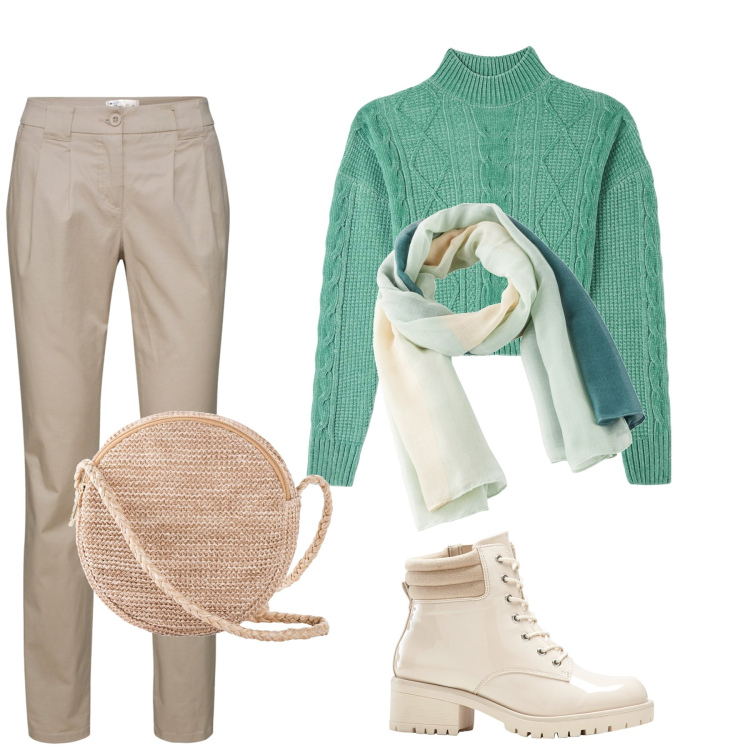 Outfit donna - Delicato verde e beige. Stile Casual chic per Tutti i giorni. Abbinamento con pantaloni chino, stivaletti, borse a tracolla, sciarpe, maglieria.