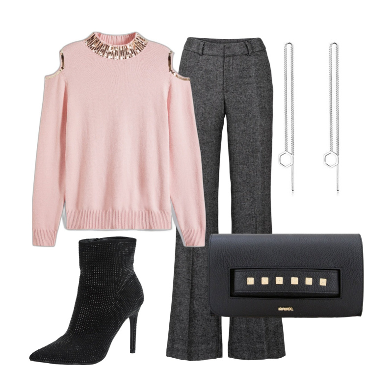 Outfit donna - Fuori le spalle. Stile Casual chic per Serata fuori. Abbinamento con pantaloni a palazzo, maglieria, stivaletti, pochette, orecchini.
