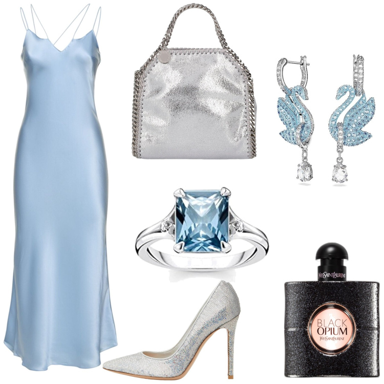 Outfit donna - Cielo. Stile Romantica per Cerimonia. Abbinamento con profumi, décolleté, anelli, vestiti, borse a mano, orecchini.