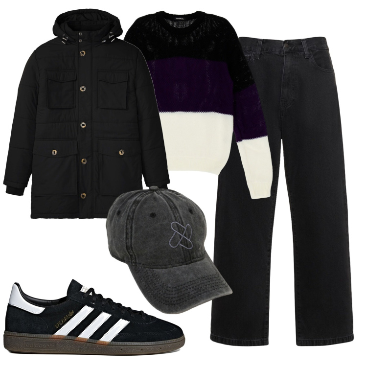 Outfit uomo - City. Stile Casual per Tutti i giorni. Abbinamento con parka, cappelli con visiera, maglieria, sneakers, jeans.