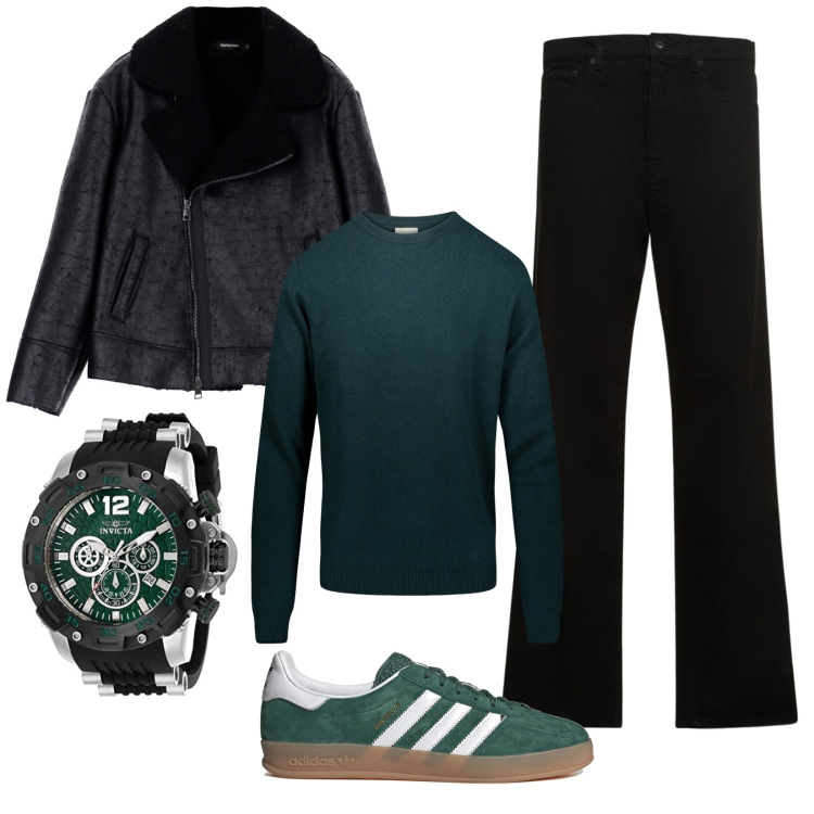 Outfit uomo - Jeans e Gazelle. Stile Trendy per Serata speciale. Abbinamento con cappotti, maglieria, orologi, jeans dritti, sneakers.