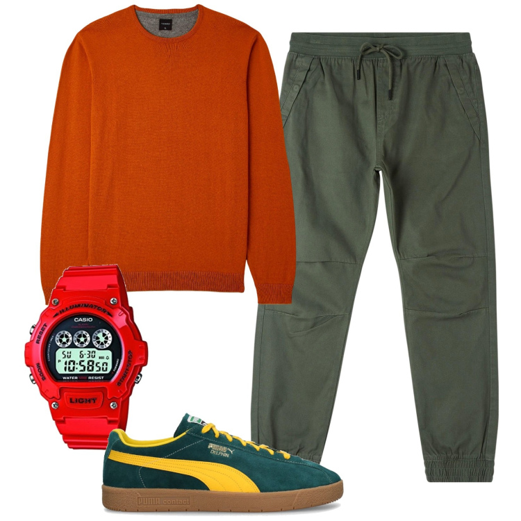 Outfit uomo - Colore. Stile Urban per Tutti i giorni. Abbinamento con pantaloni, maglieria, orologio con cinturino, sneakers.