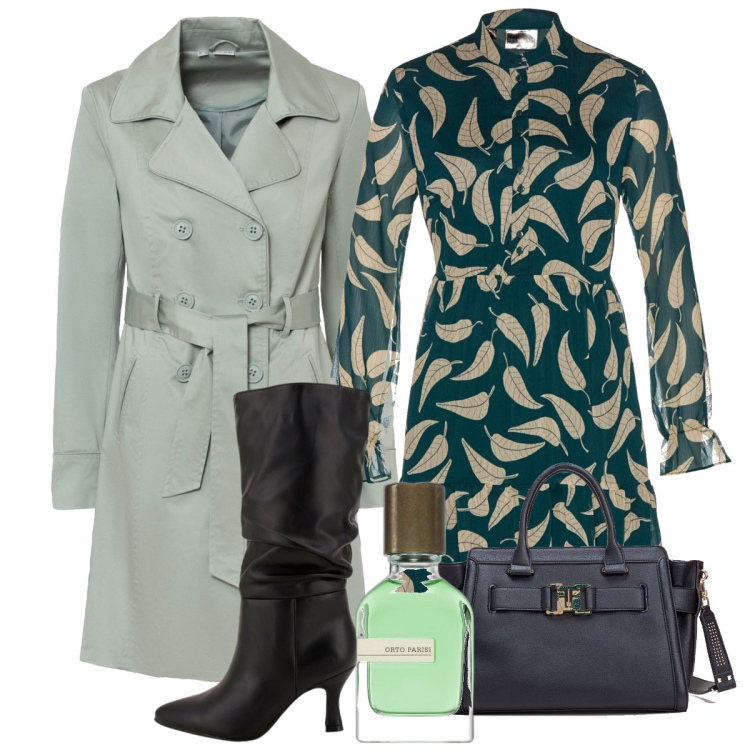 Outfit donna - Green day. Stile Chic per Ufficio. Abbinamento con trench, vestiti, profumi, borse tote, stivali.