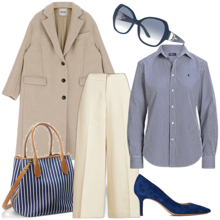 Outfit donna - Fantasia a righe. Stile Casual chic per Tutti i giorni. look ideale per Tall. Abbinamento con cappotti, camicie, borse tote, décolleté, occhiali da sole, pantaloni.