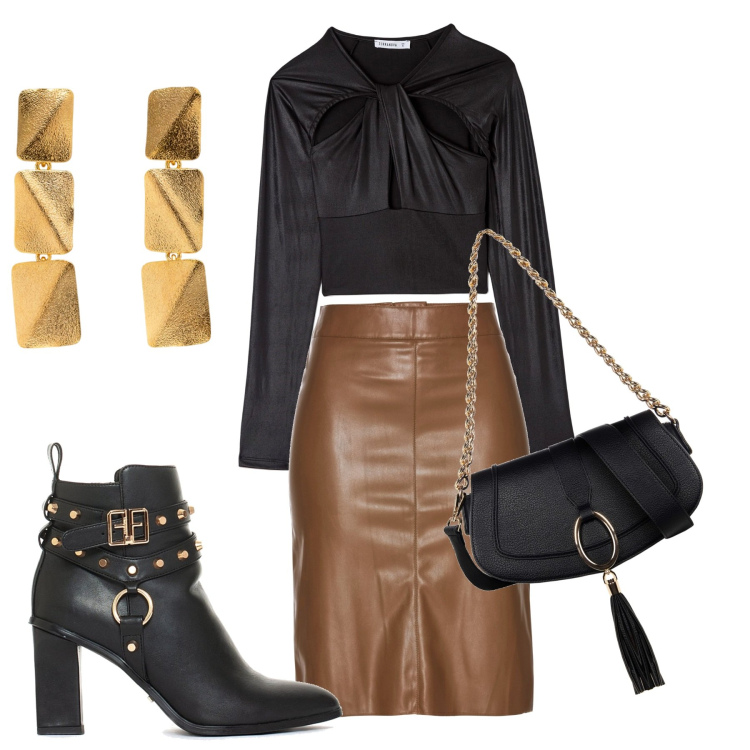 Outfit donna - La longuette di pelle. Stile Glamour per Serata fuori. Abbinamento con gonne longuette, t-shirt, borse a spalla, stivaletti, orecchini.
