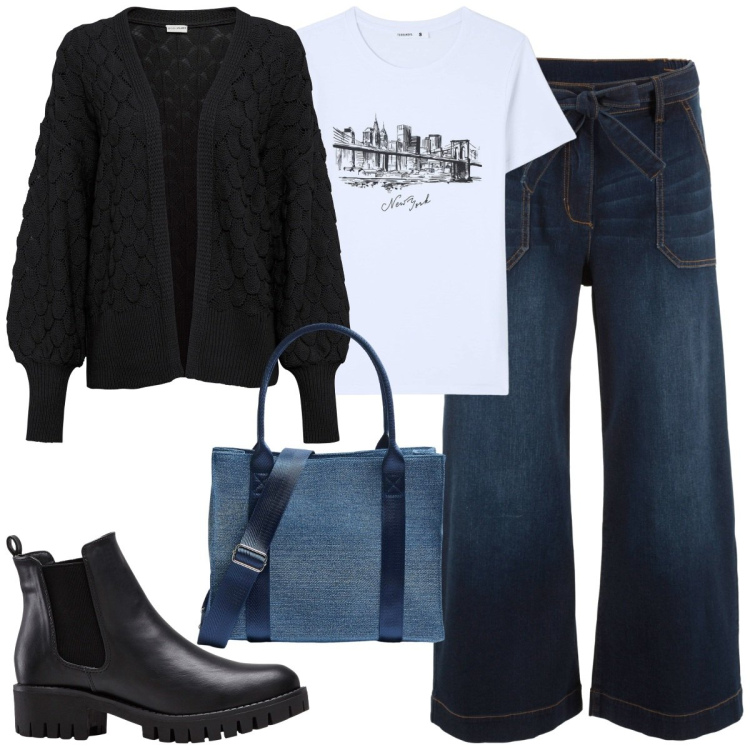 Outfit donna - Di mattina. Stile Basic per Tutti i giorni. Abbinamento con cardigans, stivaletti chelsea, jeans, t-shirt, shopping bag.