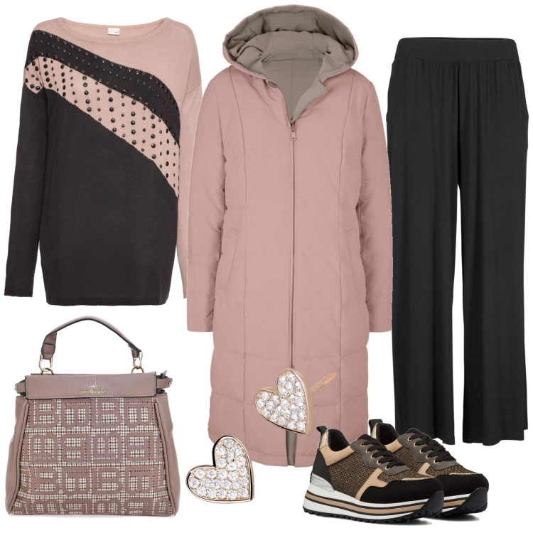 Outfit donna - Oversize per lo shopping. Stile Bon Ton per Tutti i giorni. Abbinamento con maglieria, pantaloni, cappotti, orecchini, sneakers, borse a mano.