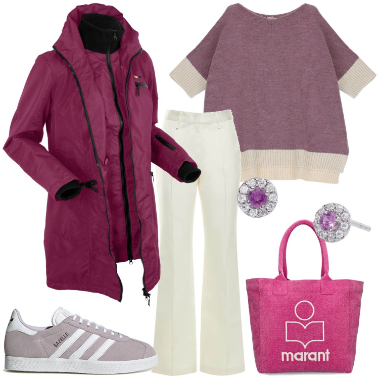 Outfit donna - Tempo libero. Stile Casual per Tutti i giorni. Abbinamento con blazer, orecchini, maglieria, pantaloni, sneakers, shopping bag.