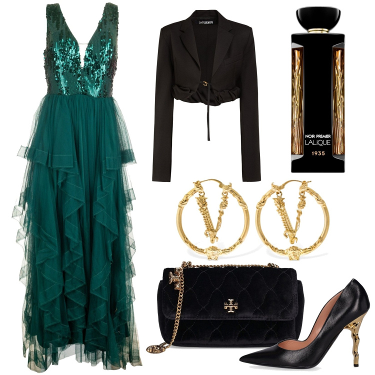 Outfit donna - Glamour per un ricevimento. Stile Glamour per Cerimonia. Abbinamento con profumi, vestiti lunghi, orecchini, décolleté, cappotti, borse a spalla.