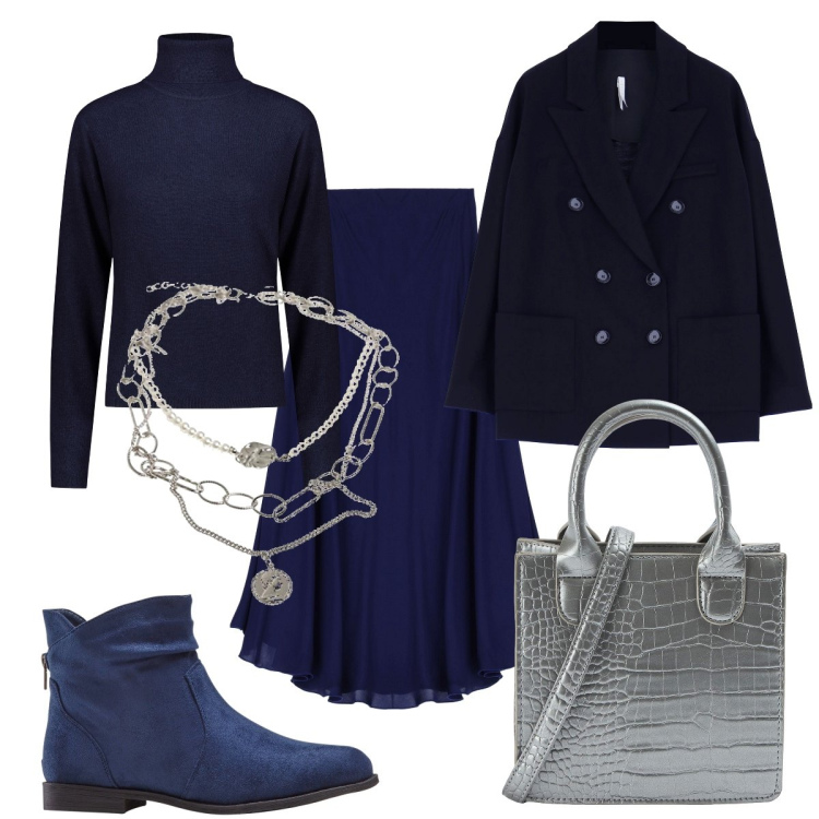 Outfit donna - Total look #1804168. Stile Basic per Ufficio. Abbinamento con stivaletti, shopping bag, blazer, gonne longuette, ciondoli, maglieria.