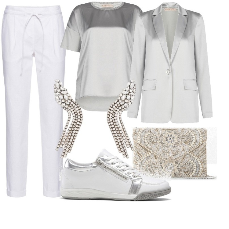 Outfit donna - Sneaker trendy con bellissimi dettagli. Stile Casual chic per Tutti i giorni. Abbinamento con pantaloni, pochette, sneakers, bluse, blazer, orecchini.