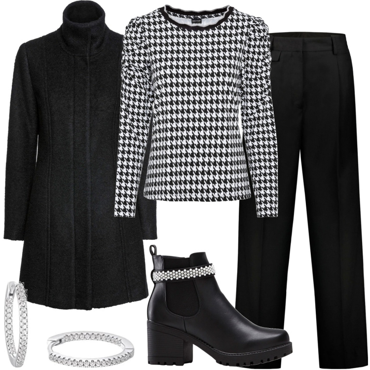 Outfit donna - Total look #1804192. Stile Casual per Ufficio. Abbinamento con maglieria, stivaletti, cappotti, pantaloni, orecchini.