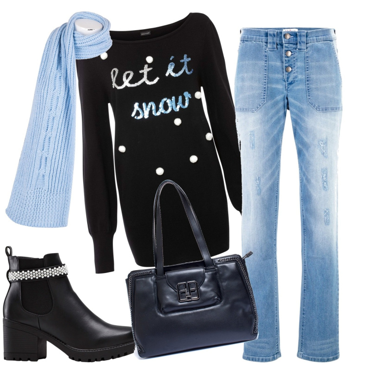 Outfit donna - Denim. Stile Casual per Tutti i giorni. Abbinamento con jeans boyfriend, maglieria, stivaletti, borse a mano, sciarpe.