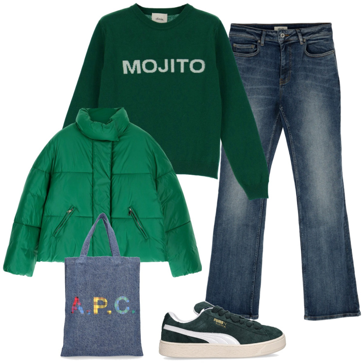 Outfit donna - Felpa verde scuro. Stile Casual per Tutti i giorni. Abbinamento con pullovers, jeans dritti, piumini, sneakers, shopping bag.