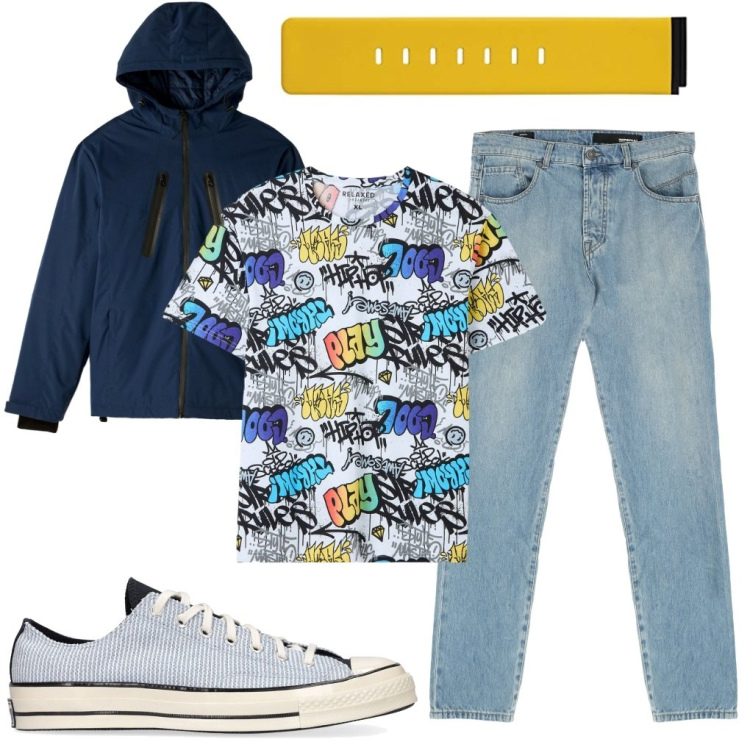 Outfit uomo - Cambio cinturino.. Stile Urban per Tutti i giorni. Abbinamento con t-shirt, giacche, jeans dritti, orologi, sneakers.
