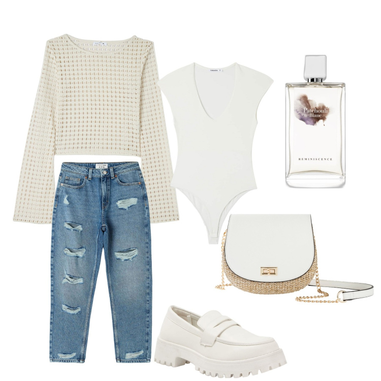 Outfit donna - Total white con jeans. Stile Casual chic per Tutti i giorni. Abbinamento con borse a tracolla, profumi, maglieria, jeans mom, mocassini, body.