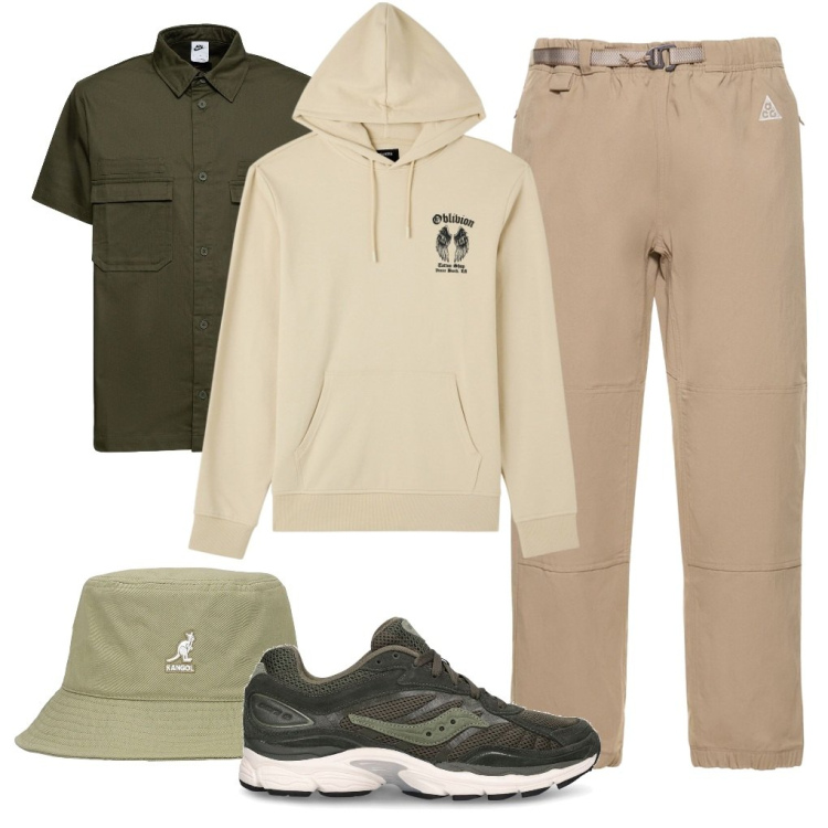 Outfit uomo - Tessuto tecnico. Stile Urban per Tutti i giorni. Abbinamento con felpe con cappuccio, cappelli, pantaloni, sneakers, camicie.
