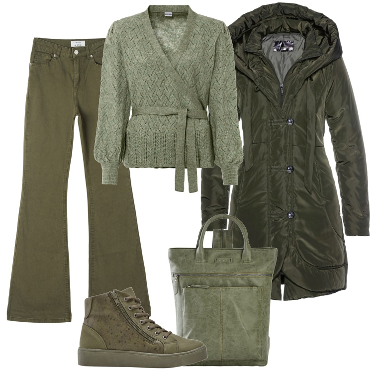 Outfit donna - Verde in città. Stile Casual per Tutti i giorni. Abbinamento con maglieria, blazer, sneakers alte, zaini, pantaloni.