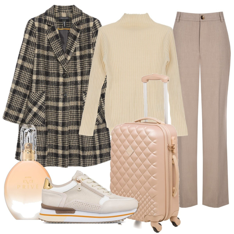 Outfit donna - Oversize. Stile Casual per Tutti i giorni. Abbinamento con profumi, pantaloni, pullovers, sneakers, valigie, cappotti.