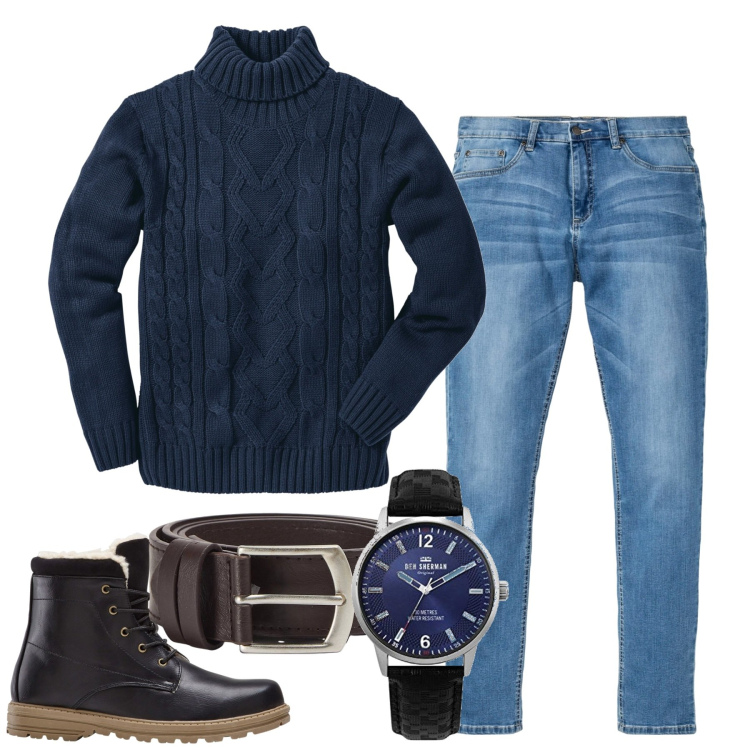 Outfit uomo - City. Stile Casual per Tutti i giorni. Abbinamento con stivali e stivaletti, jeans, maglieria, cinture, orologi analogici.