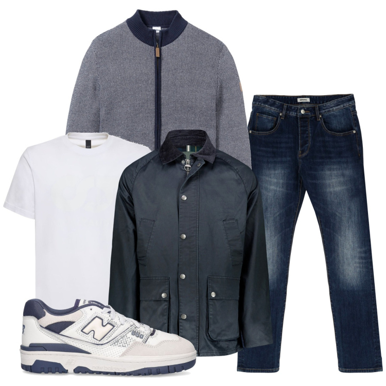 Outfit uomo - Inverno. Stile Casual per Tutti i giorni. Abbinamento con cardigans, jeans dritti, giacche, sneakers, t-shirt.