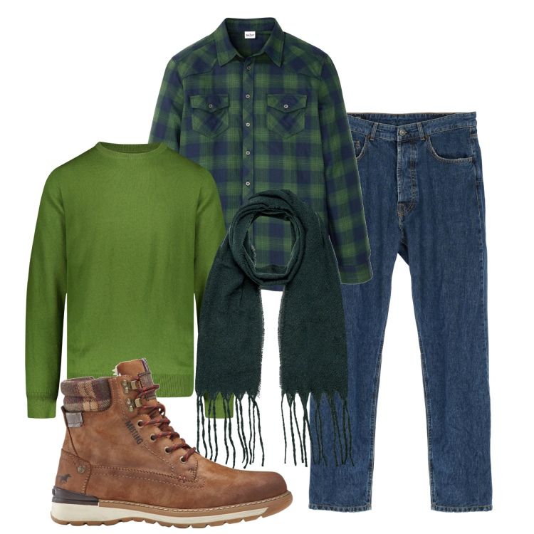 Outfit uomo - Inverno. Stile Casual per Tutti i giorni. Abbinamento con camicie, stivali e stivaletti, jeans dritti, maglieria, sciarpe.