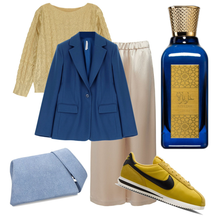 Outfit donna - Glam il giallo e blu. Stile Sporty chic per Tutti i giorni. Abbinamento con profumi, maglieria, blazer, sneakers, pantaloni, borse a spalla.