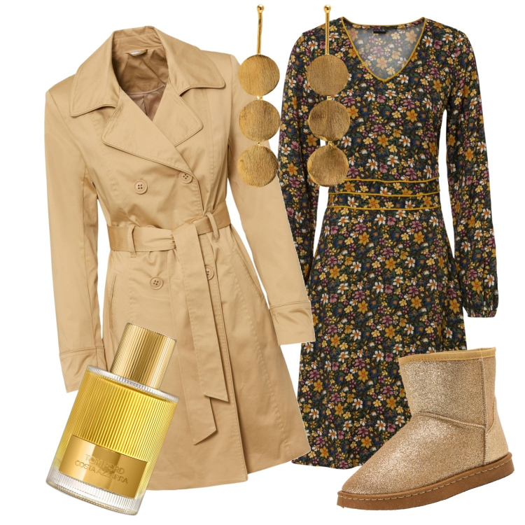 Outfit donna - Total look #1804322. Stile Casual per Tutti i giorni. Abbinamento con vestiti, trench, profumi, stivali, orecchini.