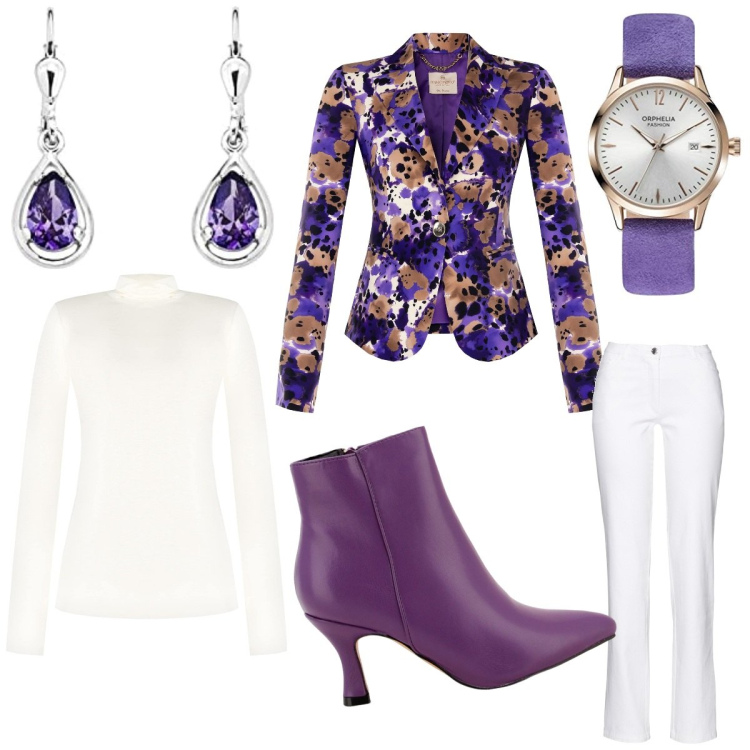 Outfit donna - Giacca glamour. Stile Glamour per Serata fuori. Abbinamento con pantaloni, cappotti, top, stivaletti, orecchini, orologi.