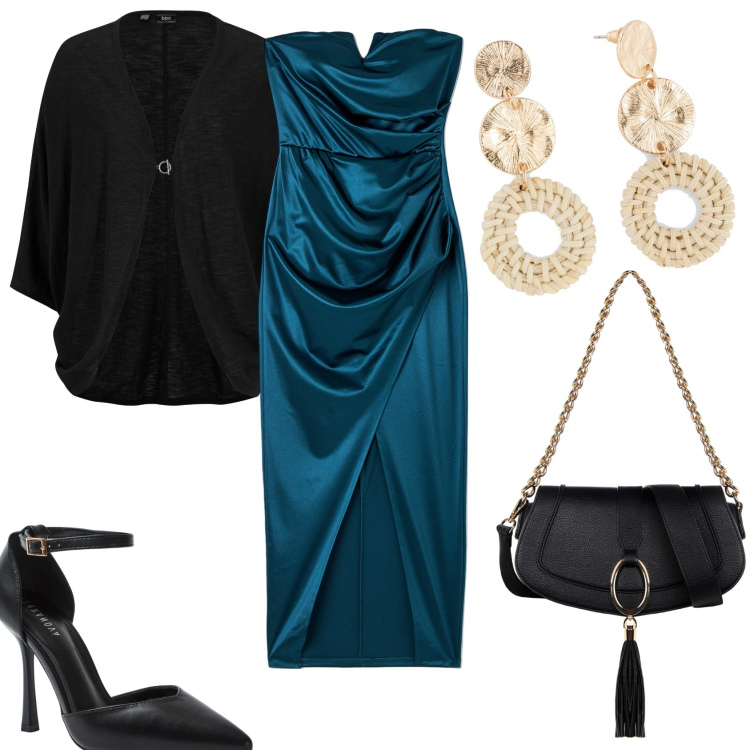 Outfit donna - Serata color petrolio. Stile Glamour per Serata fuori. Abbinamento con cardigans, orecchini, vestiti lunghi, décolleté, borse a spalla.