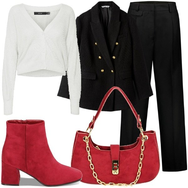 Outfit donna - Ankle Boots rossi. Stile Glamour per Serata fuori. Abbinamento con cappotti, stivaletti, borse a spalla, cardigans, pantaloni.