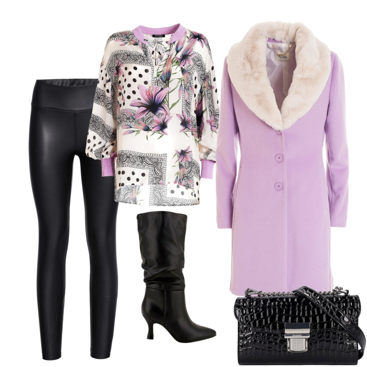 Outfit donna - Outfit da giorno in lilla. Stile Trendy per Tutti i giorni. Abbinamento con leggings, cappotti, bluse, stivali, borse a spalla.