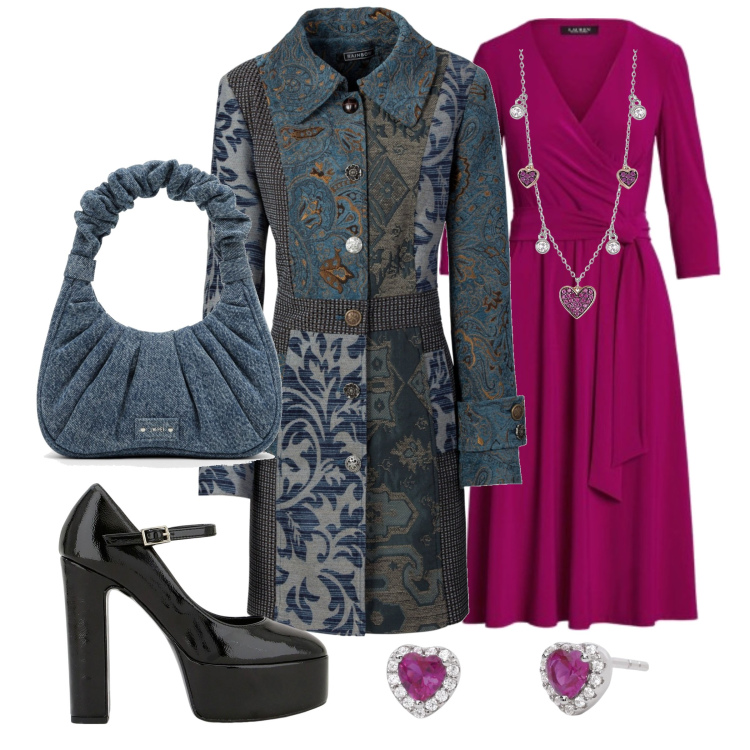 Outfit donna - L\'abito color ciliegia. Stile Bon Ton per Serata fuori. Abbinamento con cappotti, collane, orecchini, décolleté, vestiti, borse a mano.
