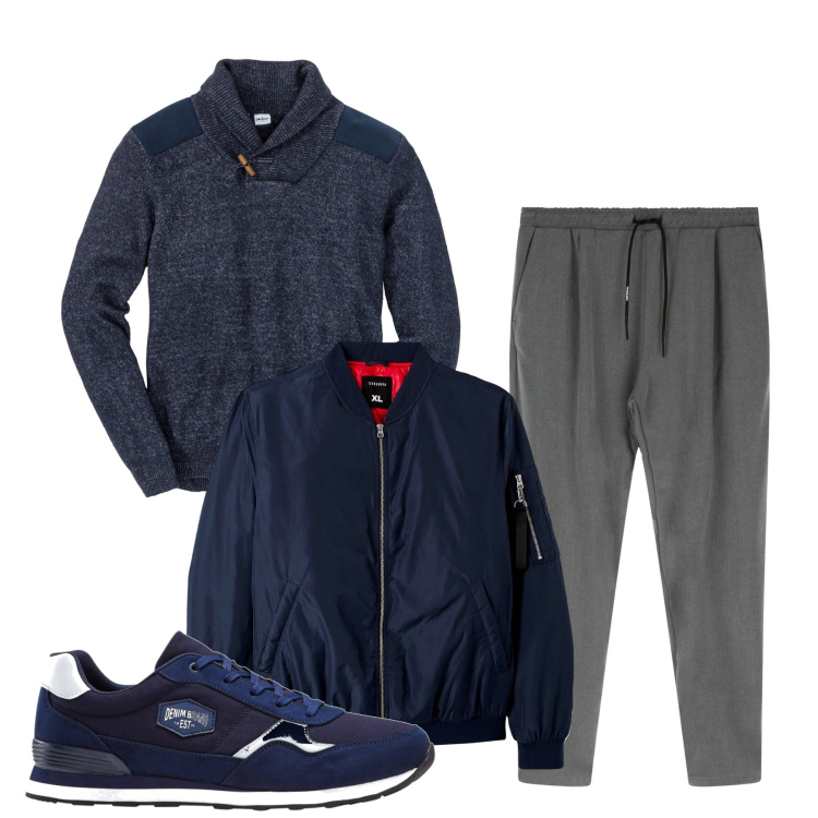 Outfit uomo - Inverno sporty. Stile Casual per Tutti i giorni. Abbinamento con maglieria, sneakers, bomber, pantaloni.