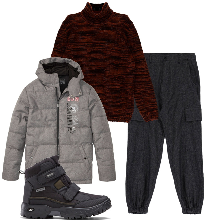 Outfit uomo - Inverno - neve. Stile Urban per Tutti i giorni. Abbinamento con stivali e stivaletti, giacche, maglieria, pantaloni.