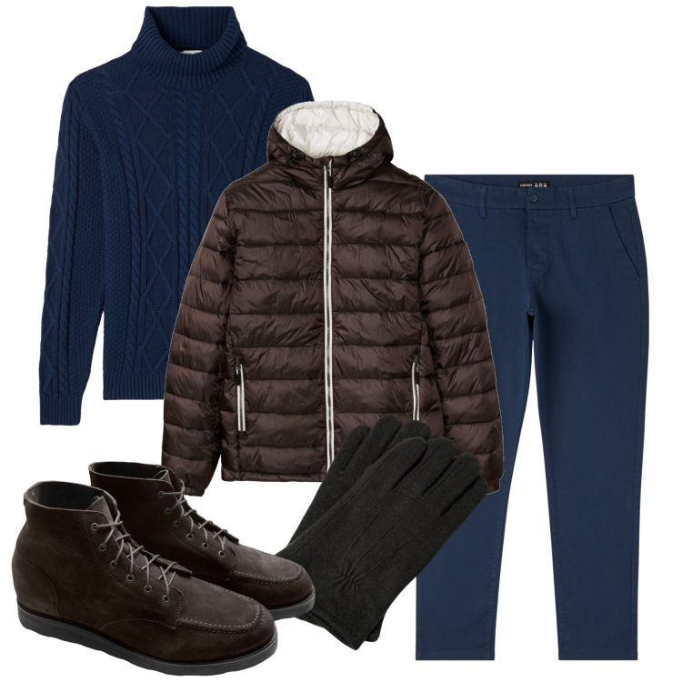 Outfit uomo - Inverno - Lisbona. Stile Casual per Tutti i giorni. Abbinamento con giacche, pantaloni skinny, maglieria, stivali e stivaletti, guanti.