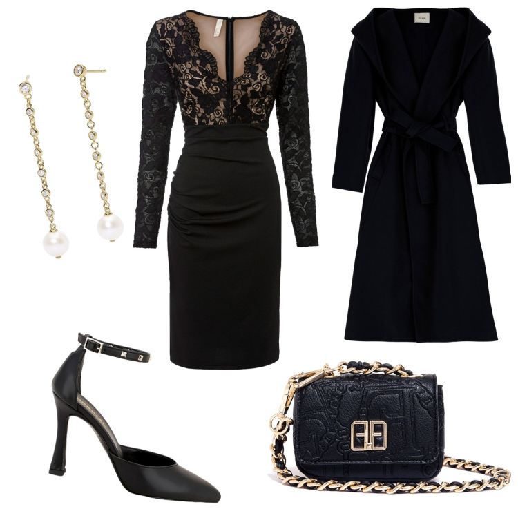 Outfit donna - A cena fuori. Stile Bon Ton per Serata fuori. Abbinamento con vestiti, orecchini, marsupi, décolleté, cappotti.