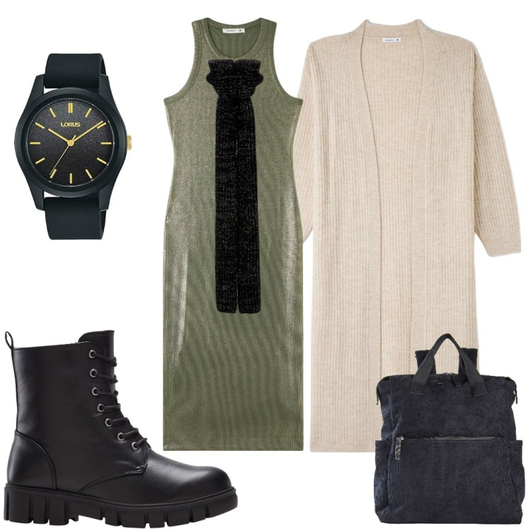 Outfit donna - A lezione. Stile Trendy per Scuola/Università. Abbinamento con zaini, stivaletti, cardigans, vestiti midi/longuette, sciarpe, orologi analogici.