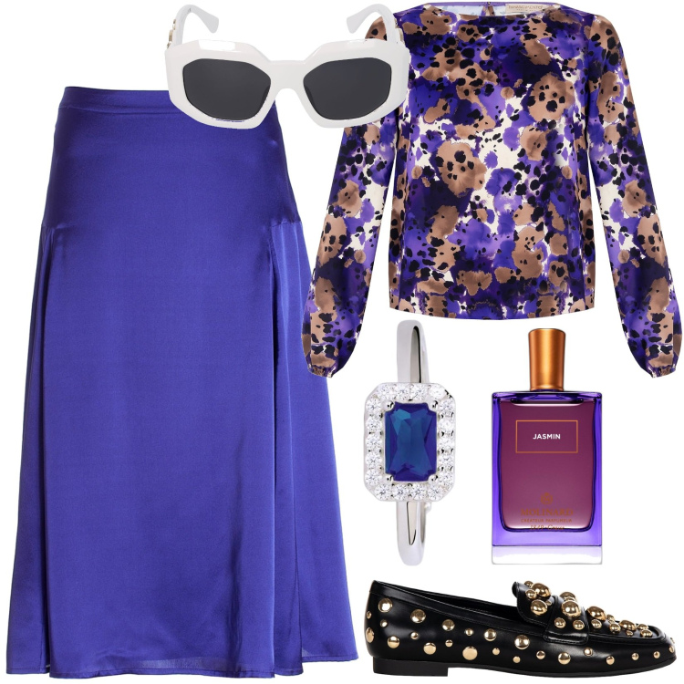Outfit donna - Total look #1804429. Stile Chic per Tutti i giorni. Abbinamento con profumi, anelli, bluse, mocassini, gonne longuette, occhiali da sole.